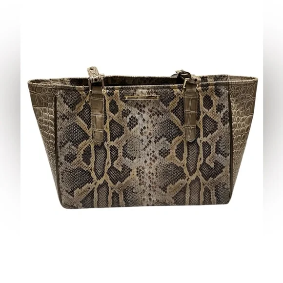 Brahmin Priscilla Satchel Natural Leighton Handbag Purse Snakeskin Turtle Taupe - Picture 2 of 9